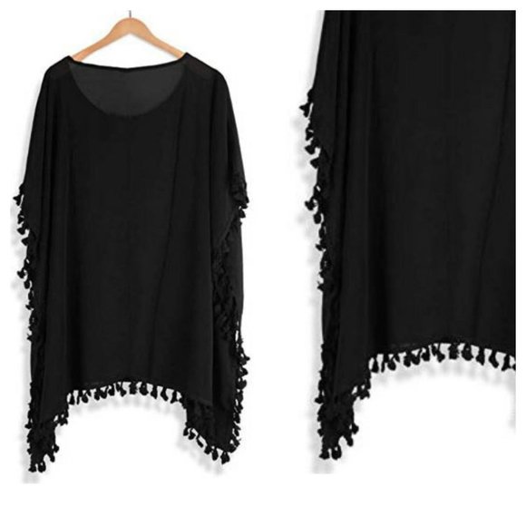 Flattering Tassel Beach Swim Coverup Black Pom Pom - Picture 5 of 7